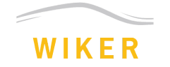 Das Logo von Autohaus Wiker mit stilisierter grauer Autolinie und gelber Schrift.
